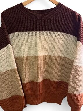 Colorblock Ribbed Crewneck Sweater in Chocolate, Cream & Tan